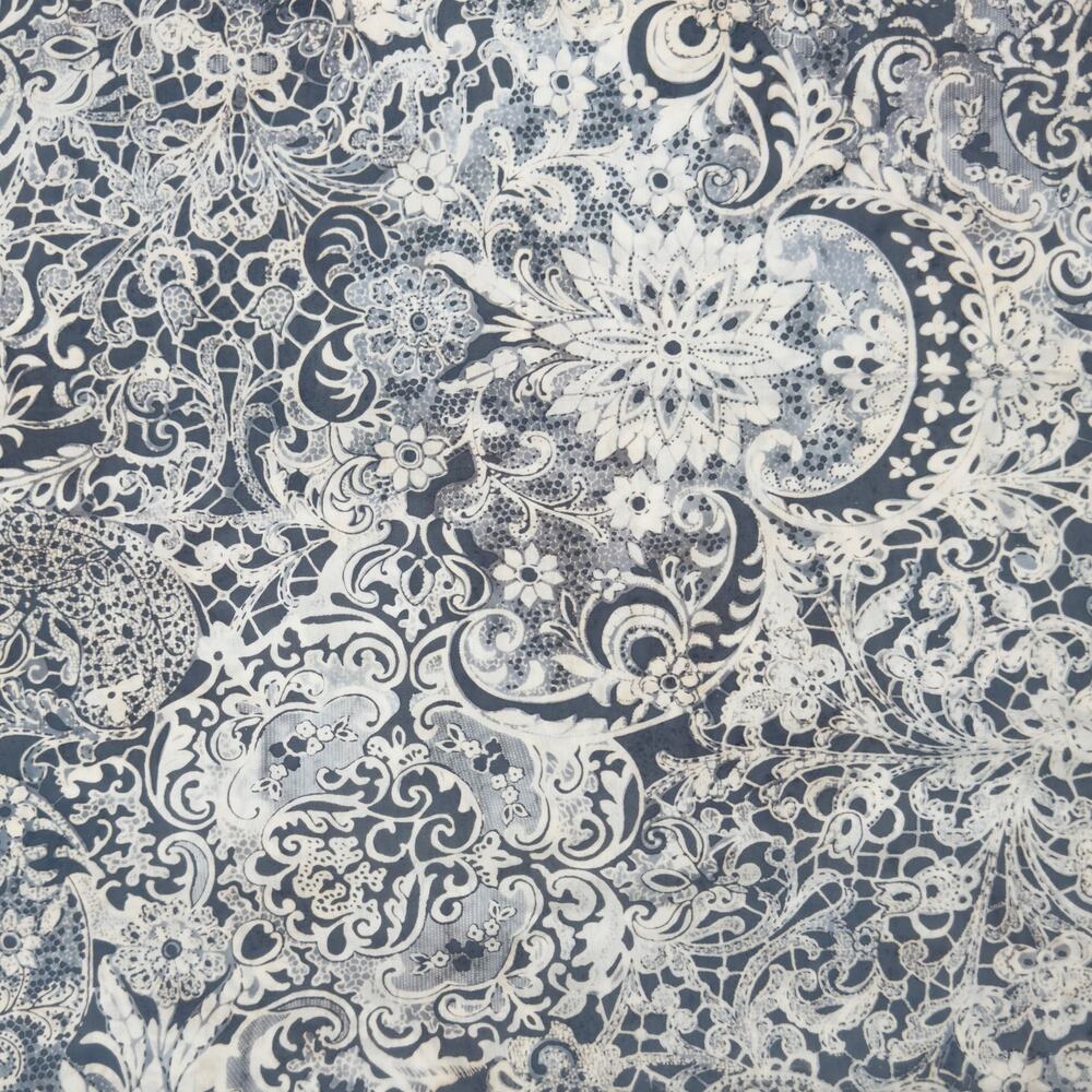 Moon Flower Paisley Lace Blue Gray Cream Hand Dyed Batik Cotton Fabric - 1/2 Yd